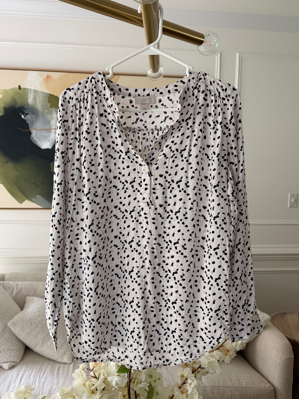 LOFT White Blouse with Black & Pink Spot Print